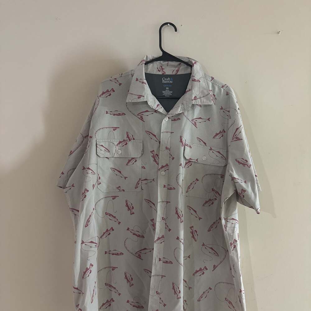 Croft & Barrow Quick Dry Fishing Shirt, XXL, Red Fish & Rod Print, Short Sleeve